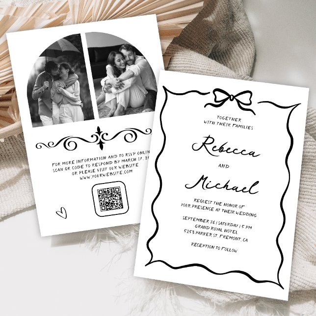 Invitación Black & White Hand Drawn Bow QR Code Photo Wedding (Subido por el creador)