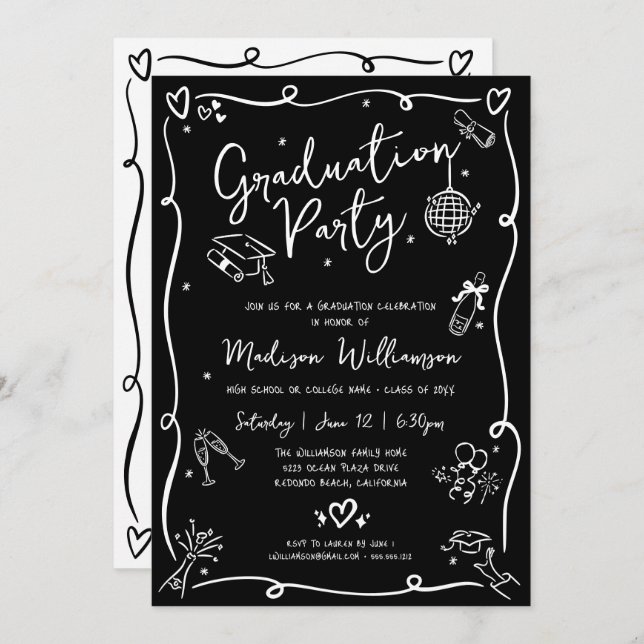 Invitación Black White Hand Drawn Doodles Graduation Party (Anverso / Reverso)