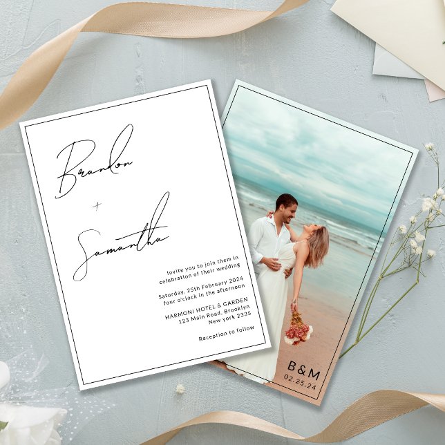 Invitación Black & White Handwritten Script Photo Wedding (Subido por el creador)