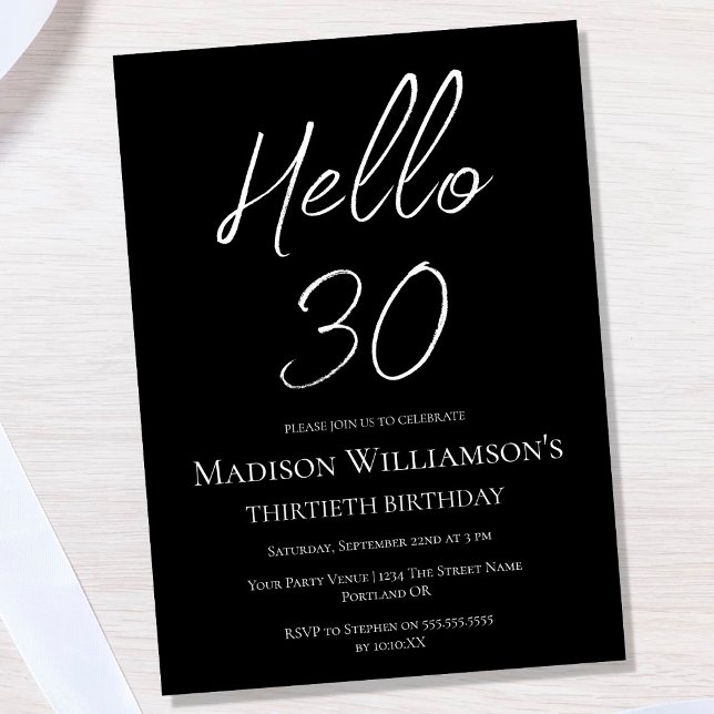 Invitación Black & White Hello 30 | 30.º Fiesta de cumpleaños (Subido por el creador)