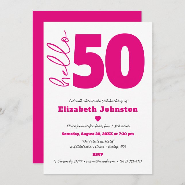 Invitación Black White Hot Pink Hello 50 Fabulous Birthday (Anverso / Reverso)