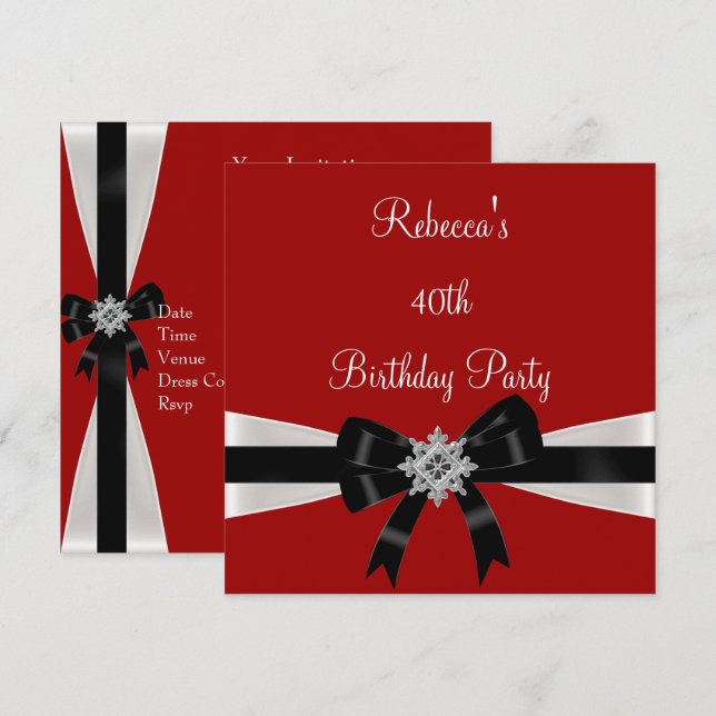 Invitación Black White Jewel Bow 40 Elegant Birthday Red (Anverso / Reverso)