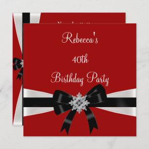 Invitación Black White Jewel Bow 40 Elegant Birthday Red