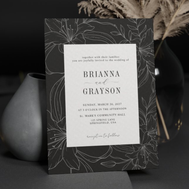 Invitación Black White Lily Flower Rustic Elegant Wedding (Subido por el creador)