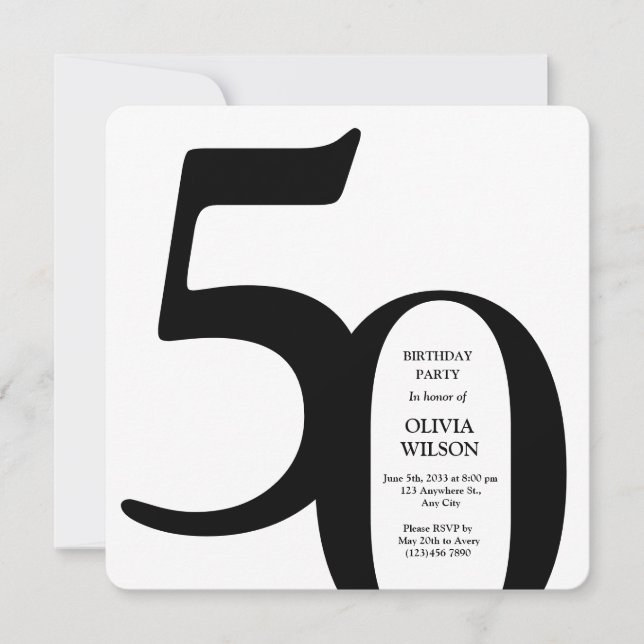 Invitación Black & White Minimalist Milestones 50th Birthday  (Anverso)