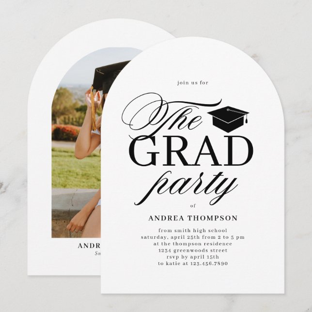 Invitación Black White Minimalist The Grad Party Photo  (Anverso / Reverso)