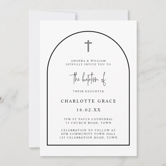 Invitación Black White Modern Arch Script Bautismo Minimalist (Anverso)