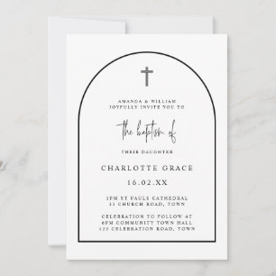 Invitación Black White Modern Arch Script Bautismo Minimalist