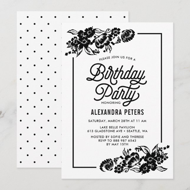 Invitación Black & White Modern Floral Accents Birday Party (Anverso / Reverso)