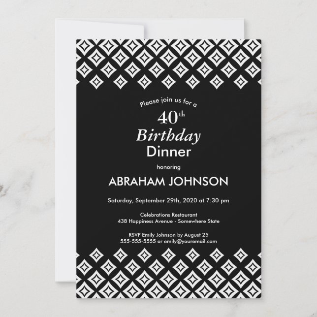 Invitación Black White Modern Geometric 40th Birthday Dinner (Anverso)