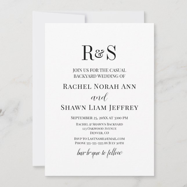 Invitación Black & White Modern Monogram Backyard Wedding (Anverso)