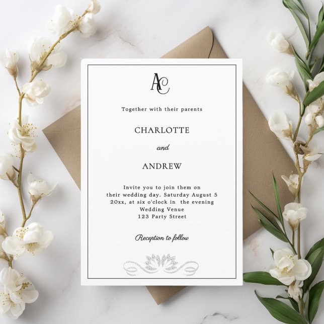 Invitación Black white modern monogram diamonds wedding (Subido por el creador)