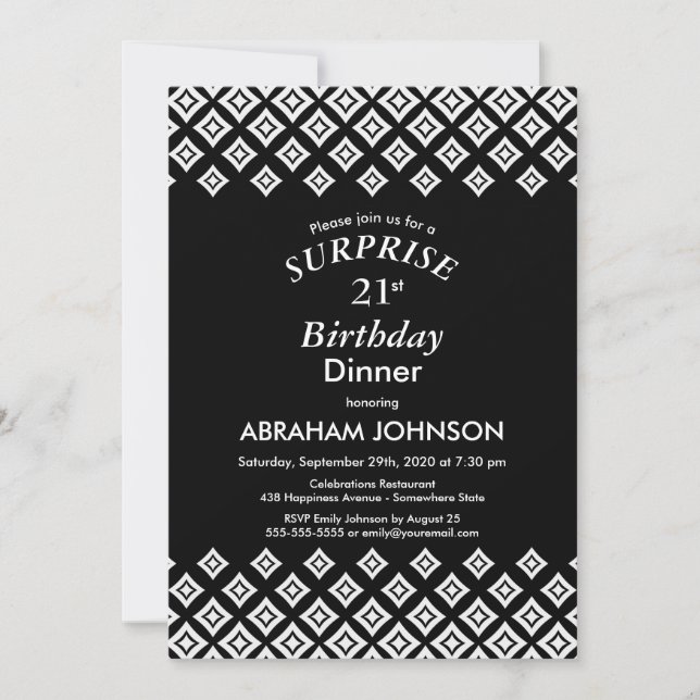 Invitación Black White Modern Surprise Cena de cumpleaños 21 (Anverso)