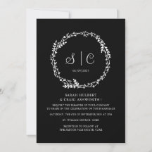 Black White Monogramas Botánica Floral Wreath