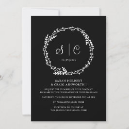 Invitación Black White Monogramas Botánica Floral Wreath