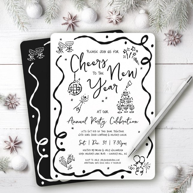 Invitación Black White New Year Cheer Hand Drawn Doodle Party (Subido por el creador)