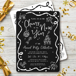 Invitación Black White New Year Cheer Hand Drawn Sketch Party