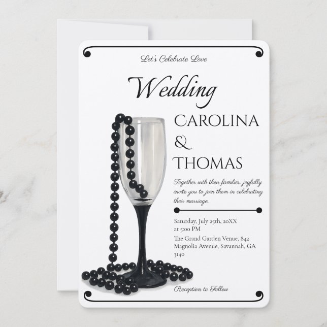 Invitación Black & White Pearl Champagne Glass Wedding (Anverso)