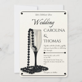 Invitación Black & White Pearl Champagne Glass Wedding