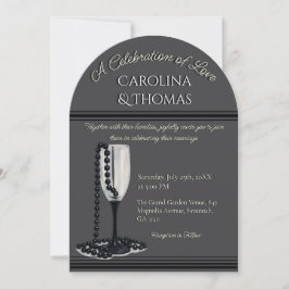 Invitación Black & White Pearl Champagne Glass Wedding