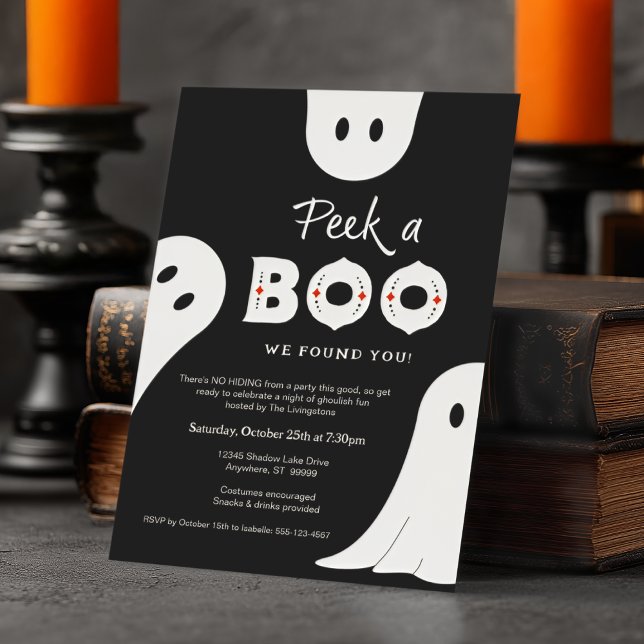 Invitación Black White Peek A Boo Fantasma Halloween Party (Shown on a 5" x 7" invitation)