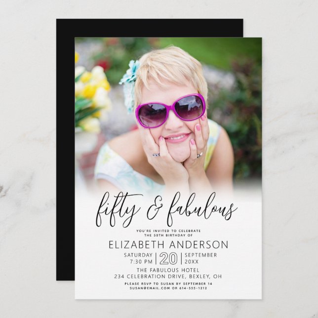 Invitación Black White Photo 50 Fabulous Birthday Script Bold (Anverso / Reverso)