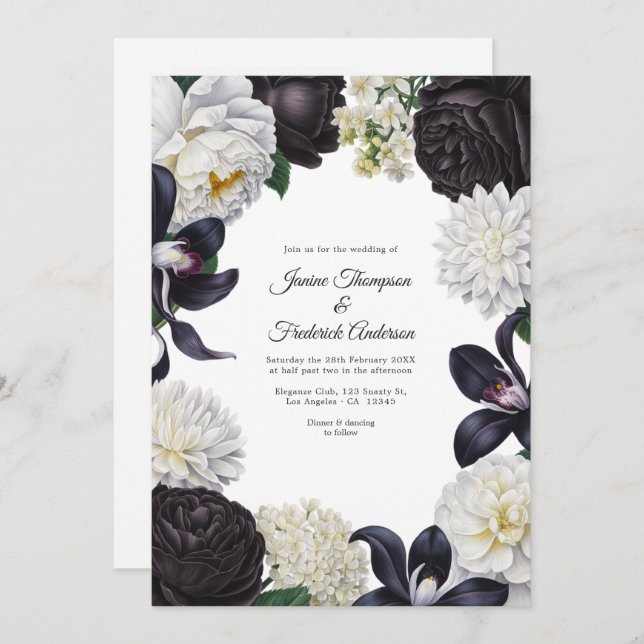 Invitación Black & White Photo/QR Code Floral Wedding (Anverso / Reverso)