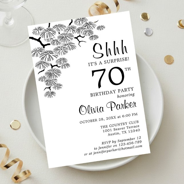 Invitación Black White Pine Branch Surprise 70th Birthday (Subido por el creador)