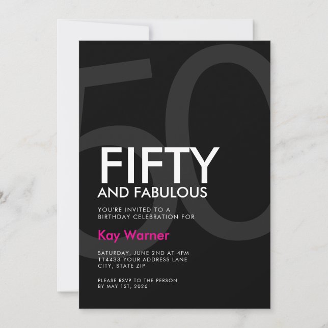 Invitación Black White Pink Fifty and Fabulous 50th Birthday (Anverso)