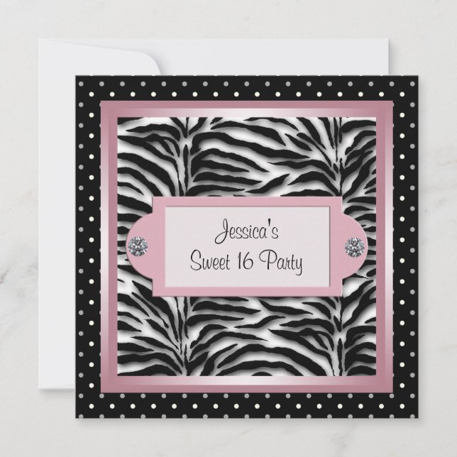 Invitación Black White Pink Zebra Sweet 16 Birthday Party (Anverso)