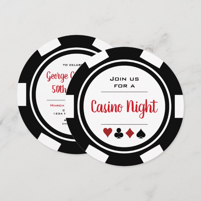 Invitación Black White Poker Chip Casino Night Birday (Anverso / Reverso)