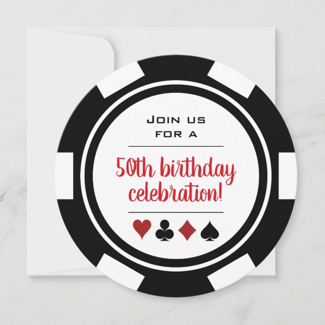 Invitación Black White Poker Chip Las Vegas Casino Cumpleaños (Anverso)