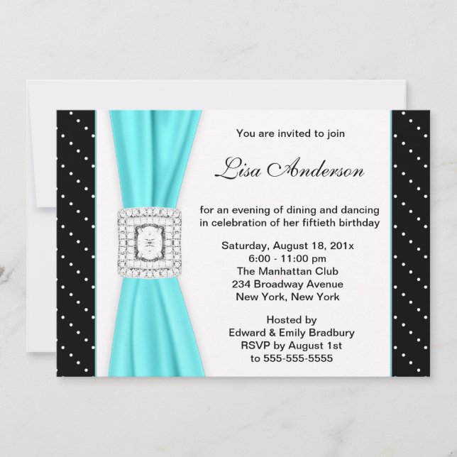 Invitación Black White Polka Dot Diamante Verde azulado 50 cu (Anverso)