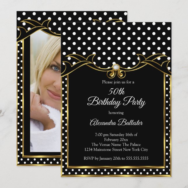 Invitación Black White Polka Dots Birday Party Photo (Anverso / Reverso)