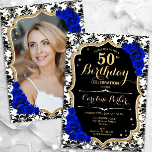 Invitación Black White Royal Blue Photo 50 cumpleaños