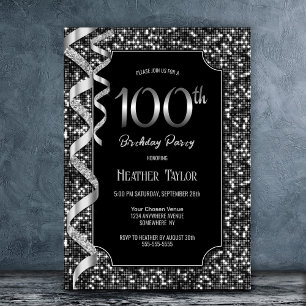 Invitación Black White Sequins 100th Birthday Party