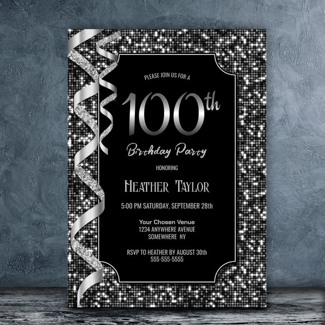 Invitación Black White Sequins 100th Birthday Party (Subido por el creador)