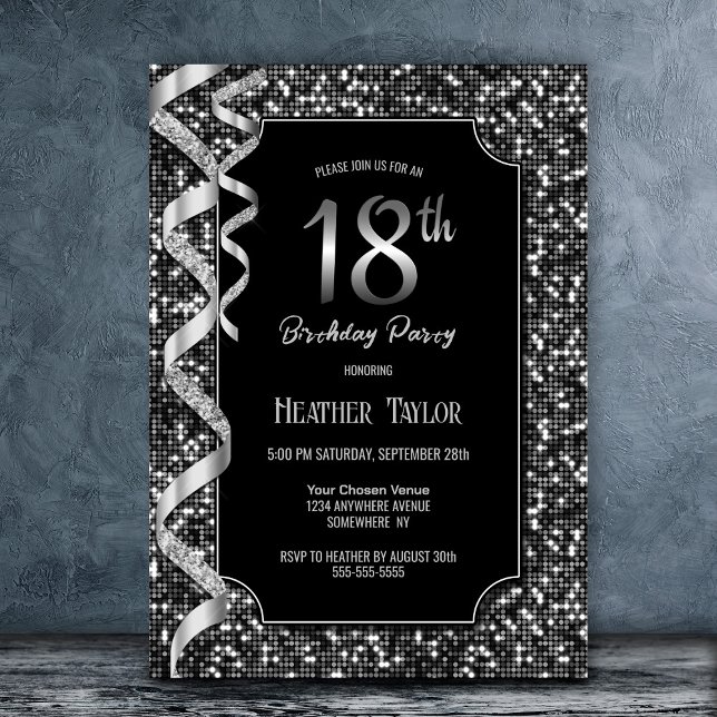 Invitación Black White Sequins 18th Birthday Party (Subido por el creador)