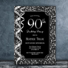Invitación Black White Sequins 90th Birthday Party