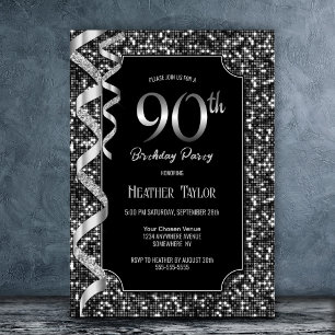 Invitación Black White Sequins 90th Birthday Party