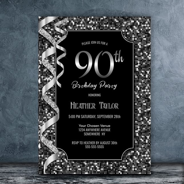 Invitación Black White Sequins 90th Birthday Party (Subido por el creador)