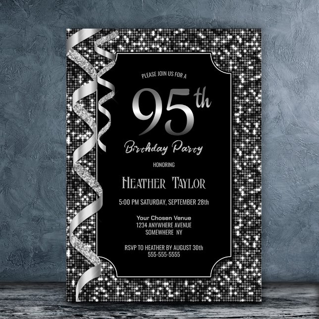 Invitación Black White Sequins 95th Birthday Party (Subido por el creador)