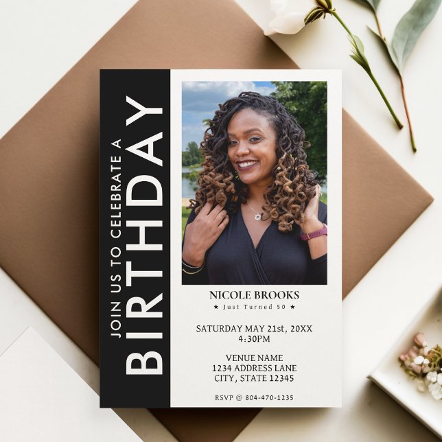 Invitación Black White Side Stripe Foto 50 cumpleaños (Black White Side Stripe Photo 50th Birthday Party Invitation)