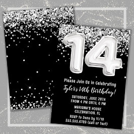 Invitación Black White Silver 14th Birthday Party