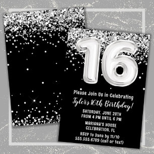 Invitación Black White Silver 16ª fiesta de cumpleaños