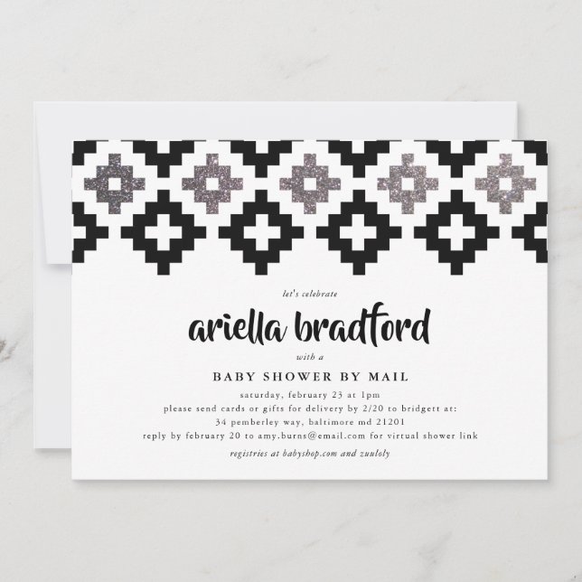 Invitación Black White Silver Boho Aztec Baby Shower (Anverso)