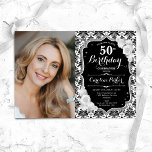Invitación Black White Silver Damask Photo 50th Birthday<br><div class="desc">Elegante invitación de 50 años floral femenina con tu foto. Diseño blanco y negro de cristal con plata falsa purpurina. Presenta un patrón de damasco en blanco y negro, rosas, tipo de letra de guión y configuración. Perfecto para un elegante fiesta de celebración de cumpleaños. Personaliza con tus propios detalles....</div>
