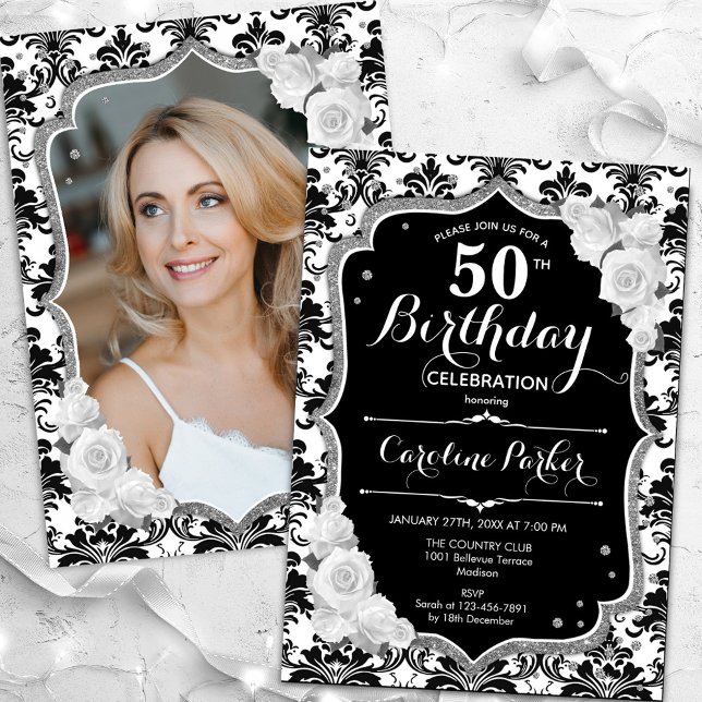 Invitación Black White Silver Damask Photo 50th Birthday (Subido por el creador)