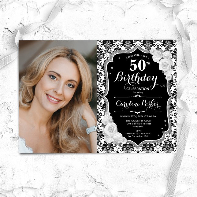 Invitación Black White Silver Damask Photo 50th Birthday (Subido por el creador)