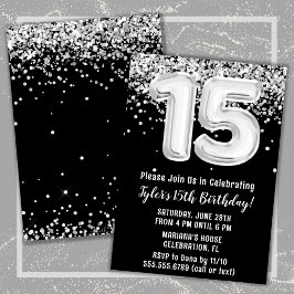 Invitación Black White Silver fiesta de cumpleaños número 15